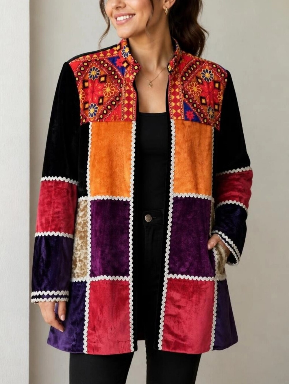 Sadaf Boutique Velvet Patchwork Wearable Art Jacket Whimsigoth Silver S